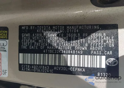 2004 Toyota Camry Le z USA, uszkodzony, nr VIN 4T1BE32K34U848149